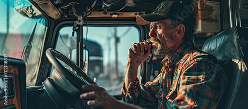 Ground Transportation Industry Theme Caucasian Trucker Driver CB Radio Talk Inside a Old Semi Truck. with copy space image. Place for adding text or design photo