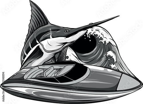 monochromatic illustration of speedboat with marlin fish