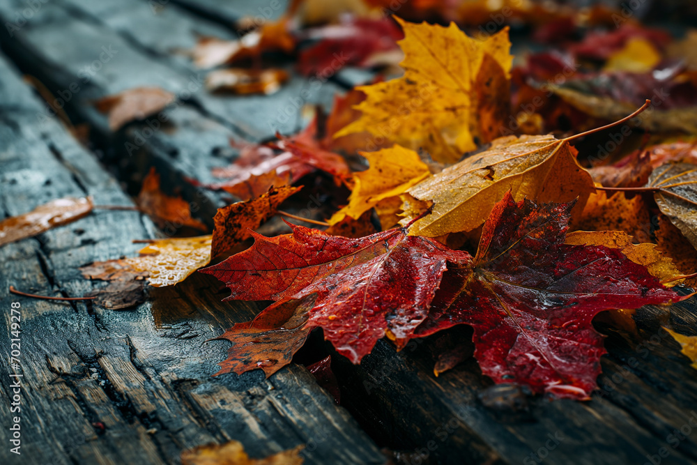 A close up captures the richness of autumn leaves resting gracefully on a textured rustic wooden surface. Ai generated A close up captures the richness of autumn leaves resting gracefully on a textured rustic wooden surface. Ai generated