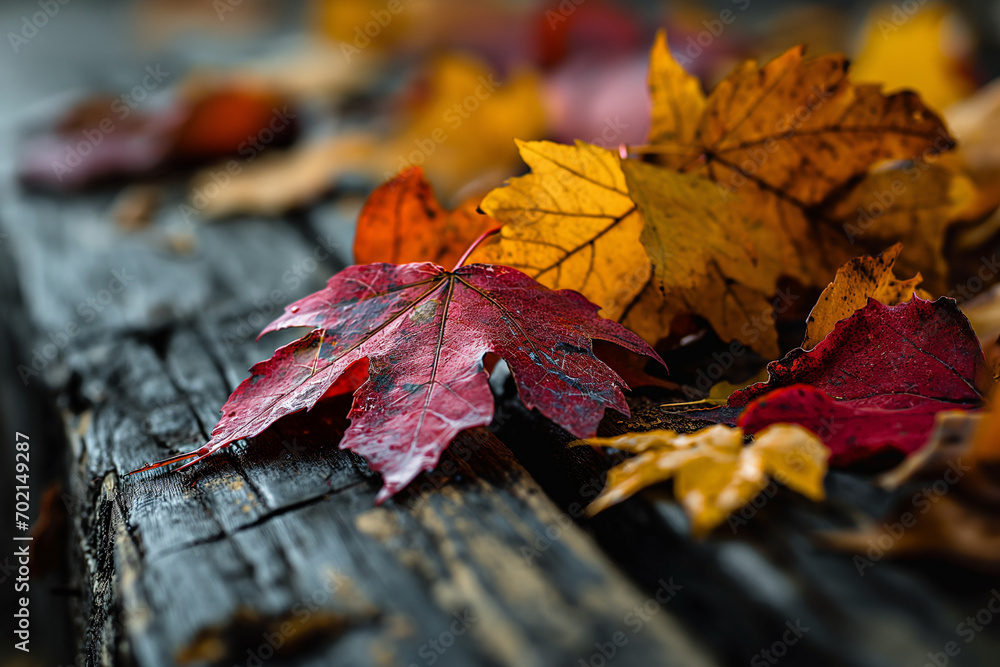 A close up captures the richness of autumn leaves resting gracefully on a textured rustic wooden surface. Ai generated A close up captures the richness of autumn leaves resting gracefully on a textured rustic wooden surface. Ai generated