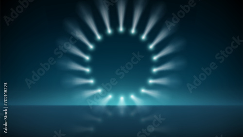 Stage, spotlights in a circle. Blue backdrop, background for displaying products. Bright spotlights. Glowing light spot on scene. Shining stage blue lights with ramp illumination. Vector illustration