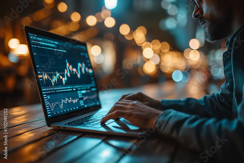 A focused businessman or stock broker analyzes stock market charts and trends on a laptop making strategic decisions for financial success. Ai generated