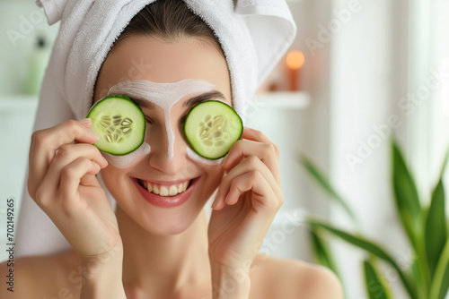 Beautiful smiling young woman with cucumber slices in her eyes in the bathroom
