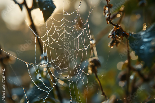 Embrace serenity with a macro shot of dewdrops on a spiderweb in soft morning light capturing the essence of tranquil beauty. Ai generated