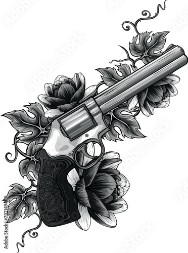 monochromatic illustration of Revolver and flowers color photo