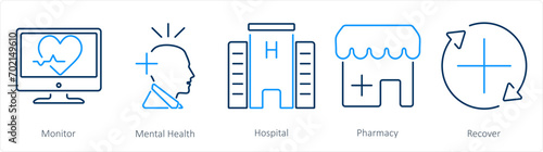 A set of 5 Health Checkup icons as monitor, mental health, hospital