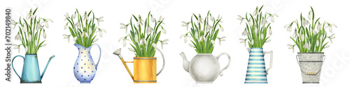 Set of illustrations with bouquets of snowdrops in vintage utensils. Spring white flowers in a watering can, in jugs, in a bucket. Stylized rustic illustration photo