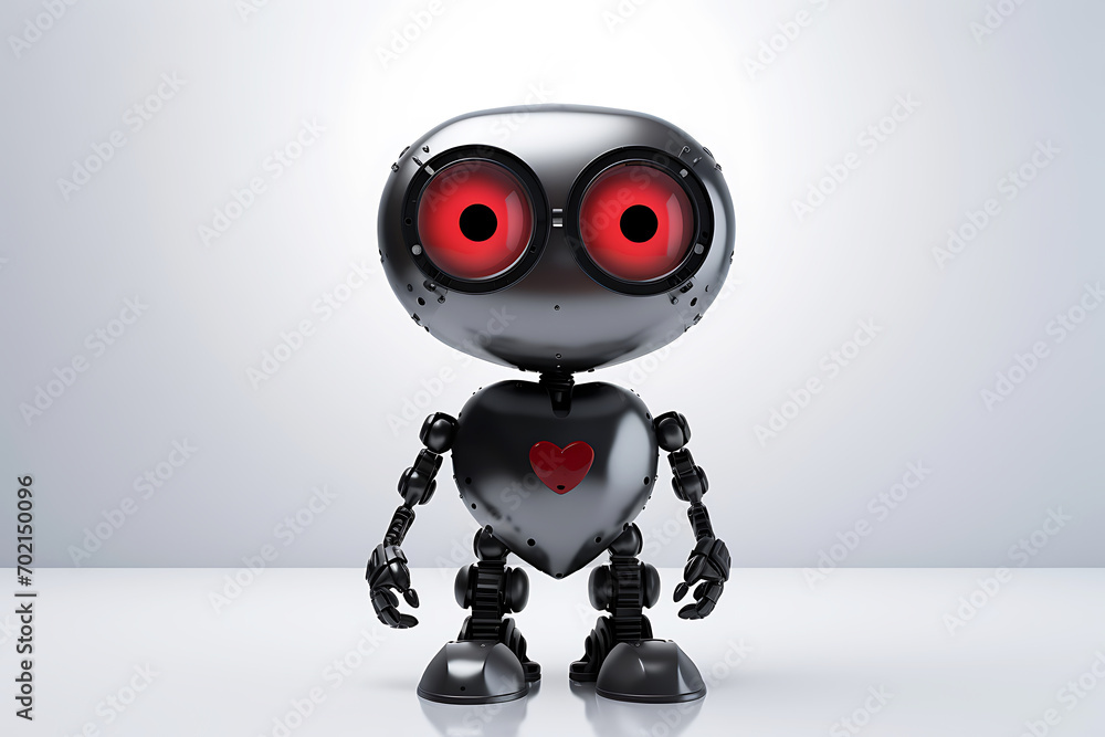 Heartfelt Gaze: Robot with Red Eyes and Heart Chest on White. Horizontal illustration Heartfelt Gaze: Robot with Red Eyes and Heart Chest on White. Horizontal illustration