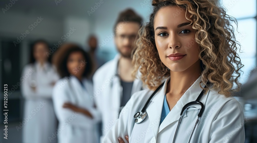 Attractive female doctor in front of medical group Attractive female doctor in front of medical group