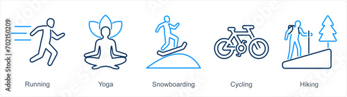 A set of 5 Hobby icons as running, yoga, snowboarding