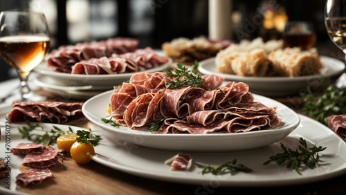 Capture the timeless allure of Italian salumi on a pristine white plate against the backdrop of a stylish restaurant photo