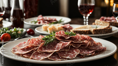 Capture the timeless allure of Italian salumi on a pristine white plate against the backdrop of a stylish restaurant