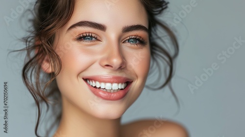 Beautiful smiling woman with clean skin, natural make-up, and white teeth on grey background