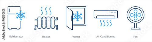 A set of 5 Home Appliance icons as referigerator, heater, freezer