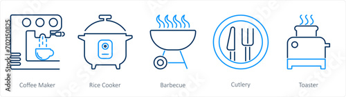 A set of 5 Home Appliance icons as coffee maker, rice cooker, barbecue