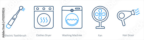 A set of 5 Home Appliance icons as electric toothbrush, clothes dryer, hair dryer