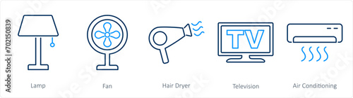 A set of 5 Home Appliance icons as lamp, fan, hair dryer