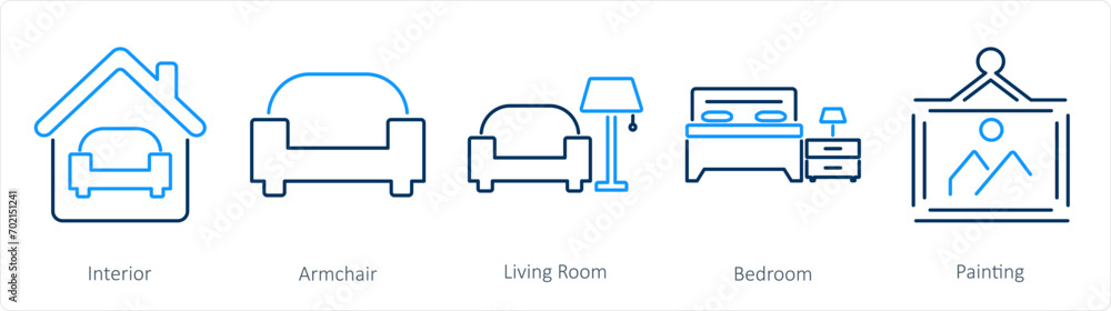 A set of 5 Home Interior icons as interior, armchair, living room A set of 5 Home Interior icons as interior, armchair, living room