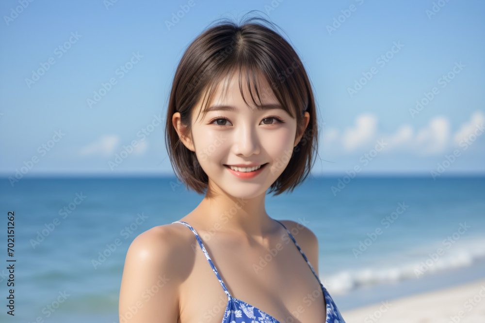 青空をバックに健康的に微笑む青いビキニ姿の若い日本人女性 青空をバックに健康的に微笑む青いビキニ姿の若い日本人女性