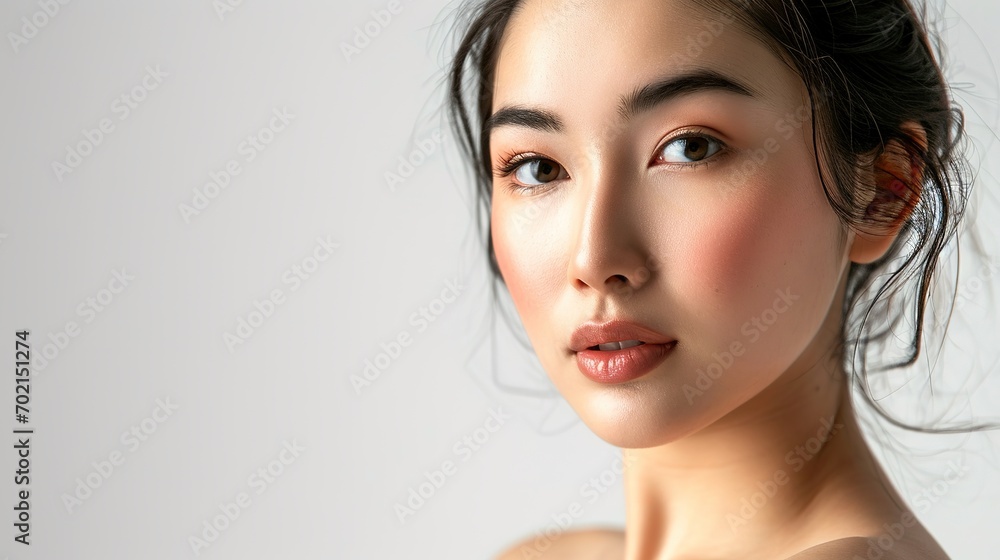 Fototapeta premium Beautiful young asian woman with clean fresh skin on white background, Face care, Facial treatment, Cosmetology, beauty and spa, Asian woman portrait