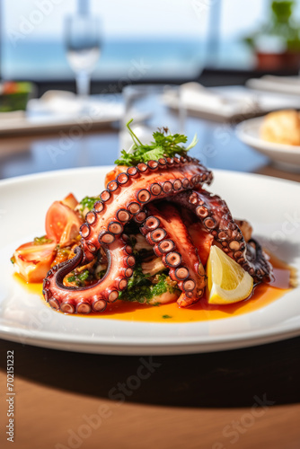 Grilled Galician octopus leg with sauce closeup photo
