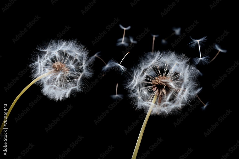 Obraz premium dandelion weed seeds blowing against black background