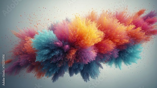 A stunning abstract explosion of vibrant particles in a gradient of blues, purples, and oranges, creating a fluffy, cloud-like texture against a muted grey background. photo
