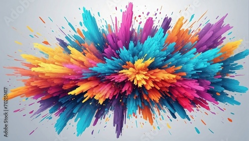 Expansive abstract burst of multicolored particles  featuring bright hues of blue  orange  and pink  suggesting an energetic explosion on a light background.