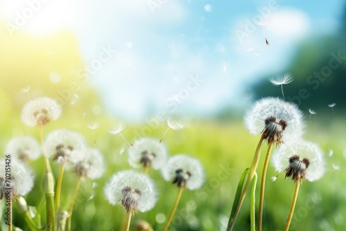 dandelion weed seeds blowing across a spring summer field