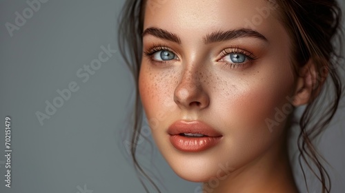 Beauty Woman face Portrait. Beautiful Spa model Girl with Perfect Fresh Clean Skin. Brunette female looking at camera and smiling. Youth and Skin Care Concept