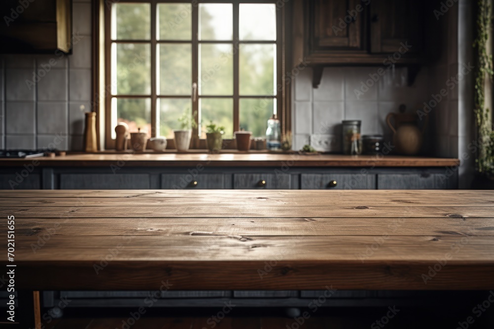 empty wooden table for product display in a kitchen