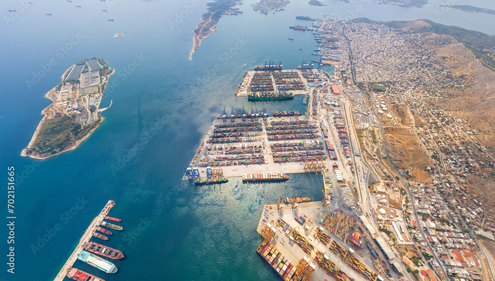 Athens, Greece. Cargo port with containers. Summer. Aerial view - obrazy, fototapety, plakaty 