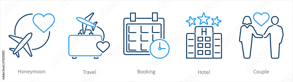 A set of 5 Honeymoon icons as honeymoon, travel, booking A set of 5 Honeymoon icons as honeymoon, travel, booking