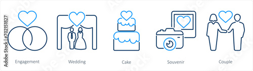 A set of 5 Honeymoon icons as engagement, wedding, cake