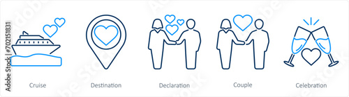 A set of 5 Honeymoon icons as cruise, destination, declaration photo
