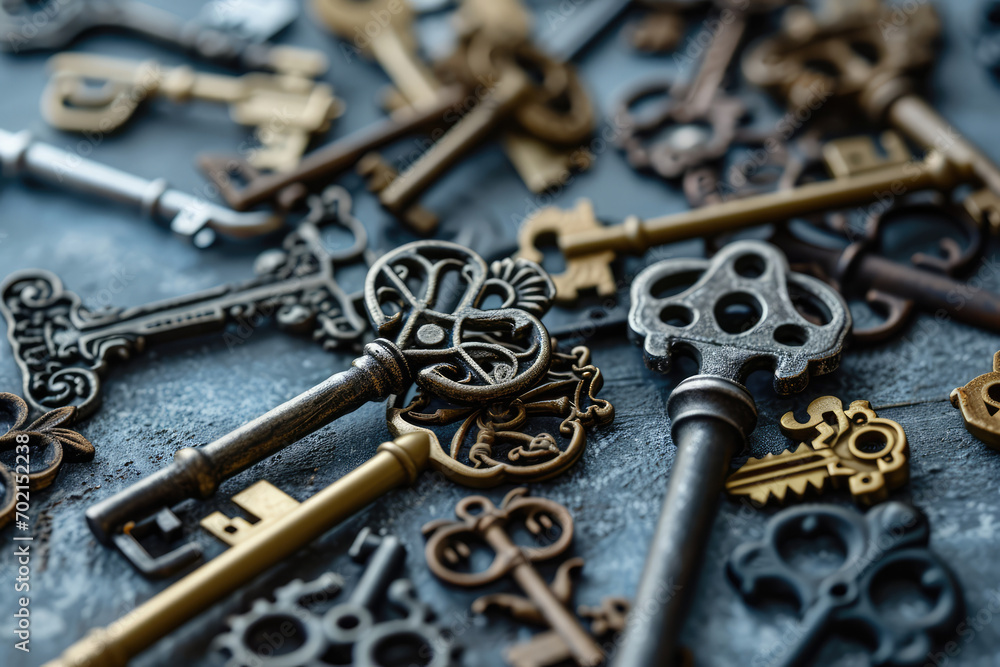 Fototapeta premium Steampunk-Inspired Key Background Against A Gray Setting