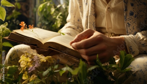 midsection of a women reading a book outdoors