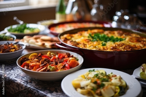 Family Gatherings With Dishes Representing Culinary Traditions Of Different Countries Selective Focus