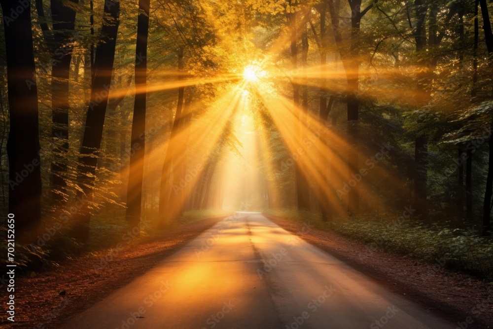 Sunrise with sun rays cutting through trees in fog in early autumn morning, path taking to the light