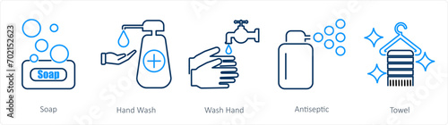 A set of 5 Hygiene icons as soap, hand wash, wash hand