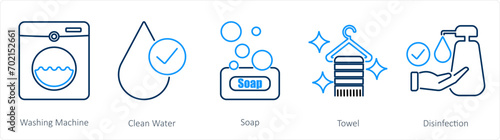 A set of 5 Hygiene icons as washing machine, clean water, soap