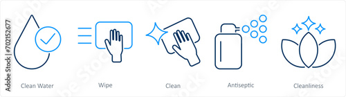 A set of 5 Hygiene icons as clean water, wipe, clean