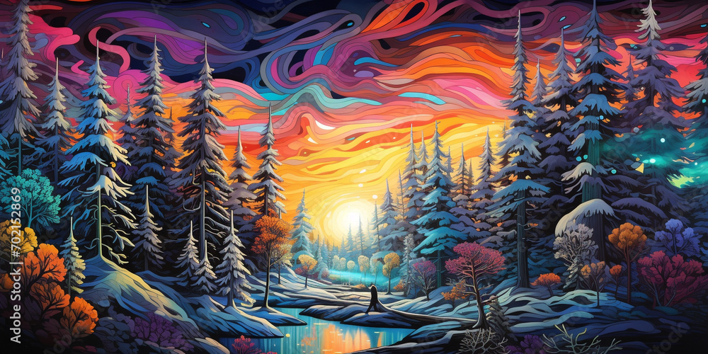 Fototapeta premium Psychedelic art of pine forest in winter