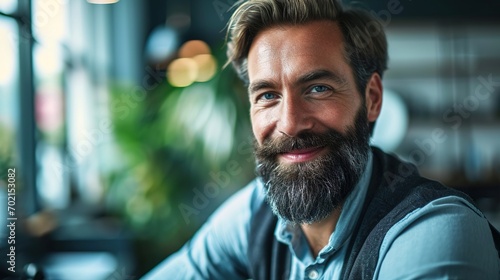 business man looking at camera in office, headshot portrait. Smiling bearded businessman, male entrepreneur, professional employee looking at camera