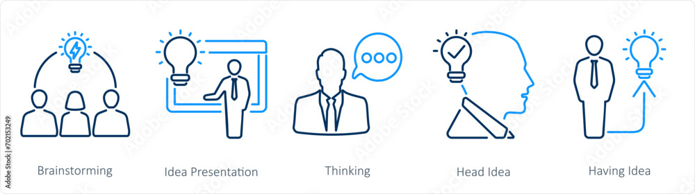 A set of 5 Idea icons as brainstorming, idea presentation, thinking A set of 5 Idea icons as brainstorming, idea presentation, thinking