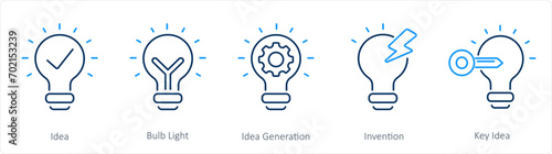 A set of 5 Idea icons as idea, bulb light, idea generation