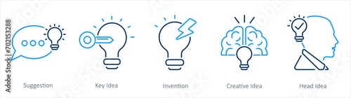 A set of 5 Idea icons as suggestion, key idea, invention