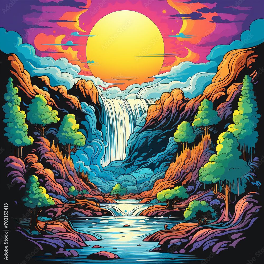 Psychedelic art of waterfall with vivid color