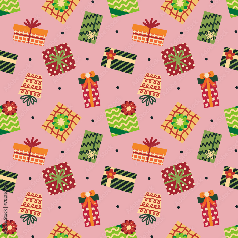 Christmas Gift Boxes on Pink Seamless Pattern Design Christmas Gift Boxes on Pink Seamless Pattern Design
