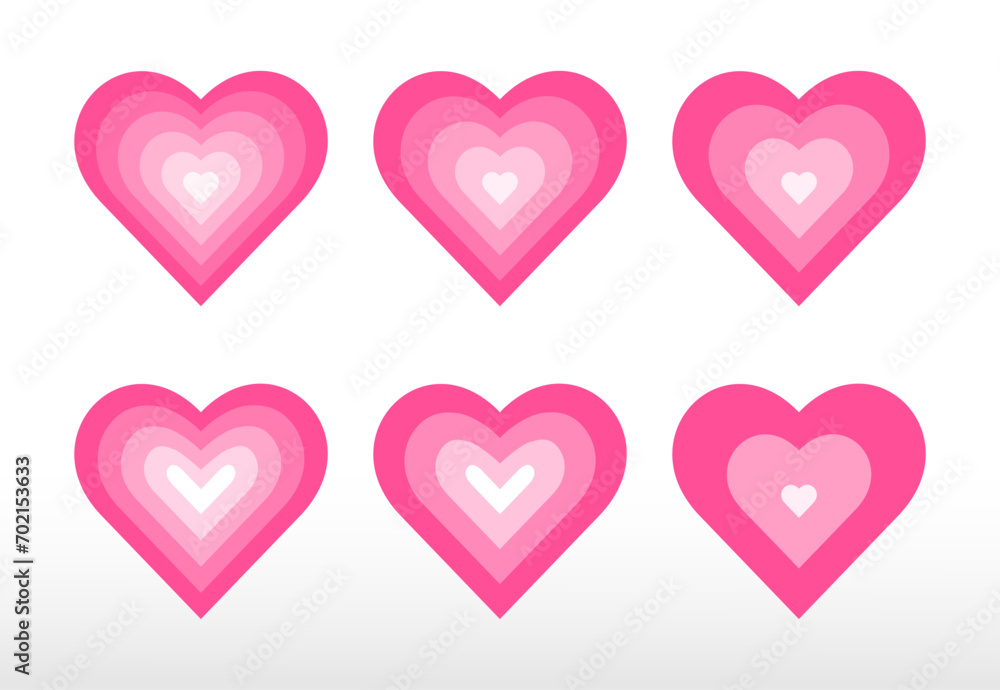 Romantic concentric hearts set. Vector tunnel romantic hearts in pink colors